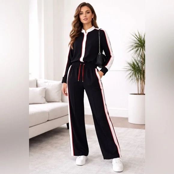 Black Athleisure Stripe Pant Set | Sporty Chic Outfit | US L - Picture 2 of 14